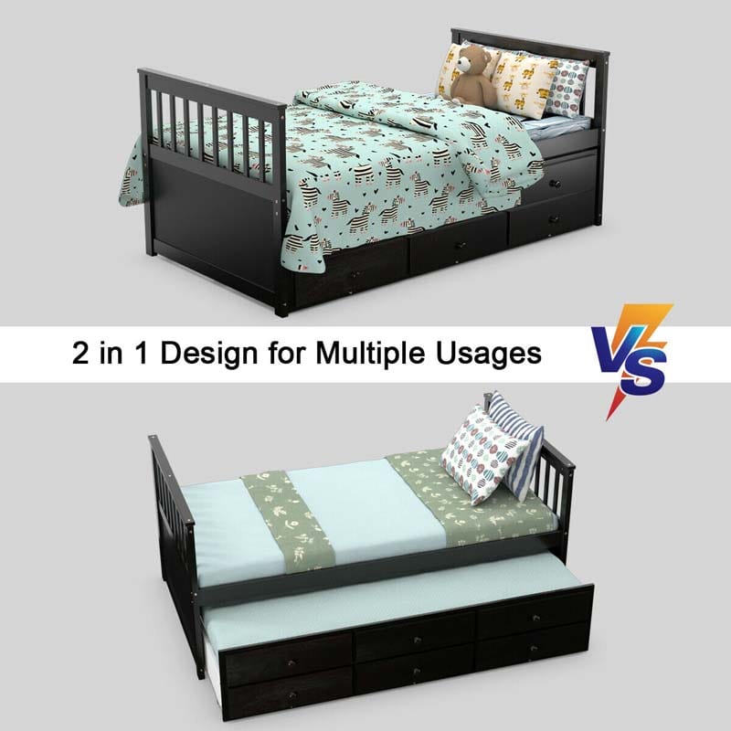 Twin Captain's Bed with Trundle Bed, Storage Daybed with 3 Drawers, Wooden Platform Bed for Kids Guests Sleepovers