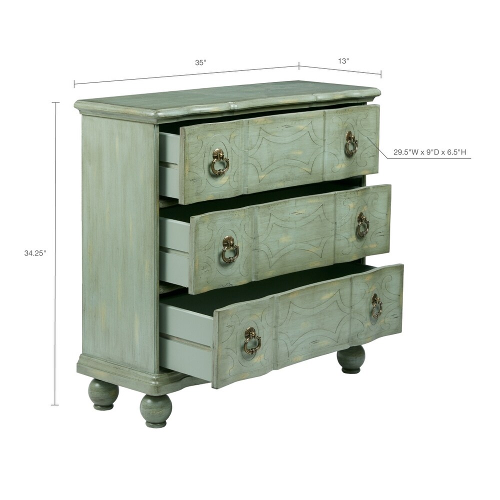 Scroll Wooden Chest with 3 Drawers in Green