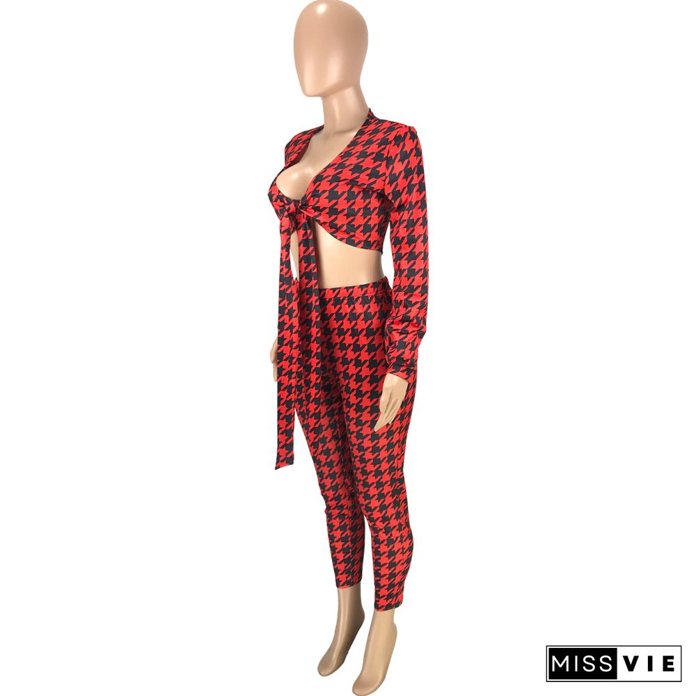 Houndstooth Print Bandage Crop Top Pants Set