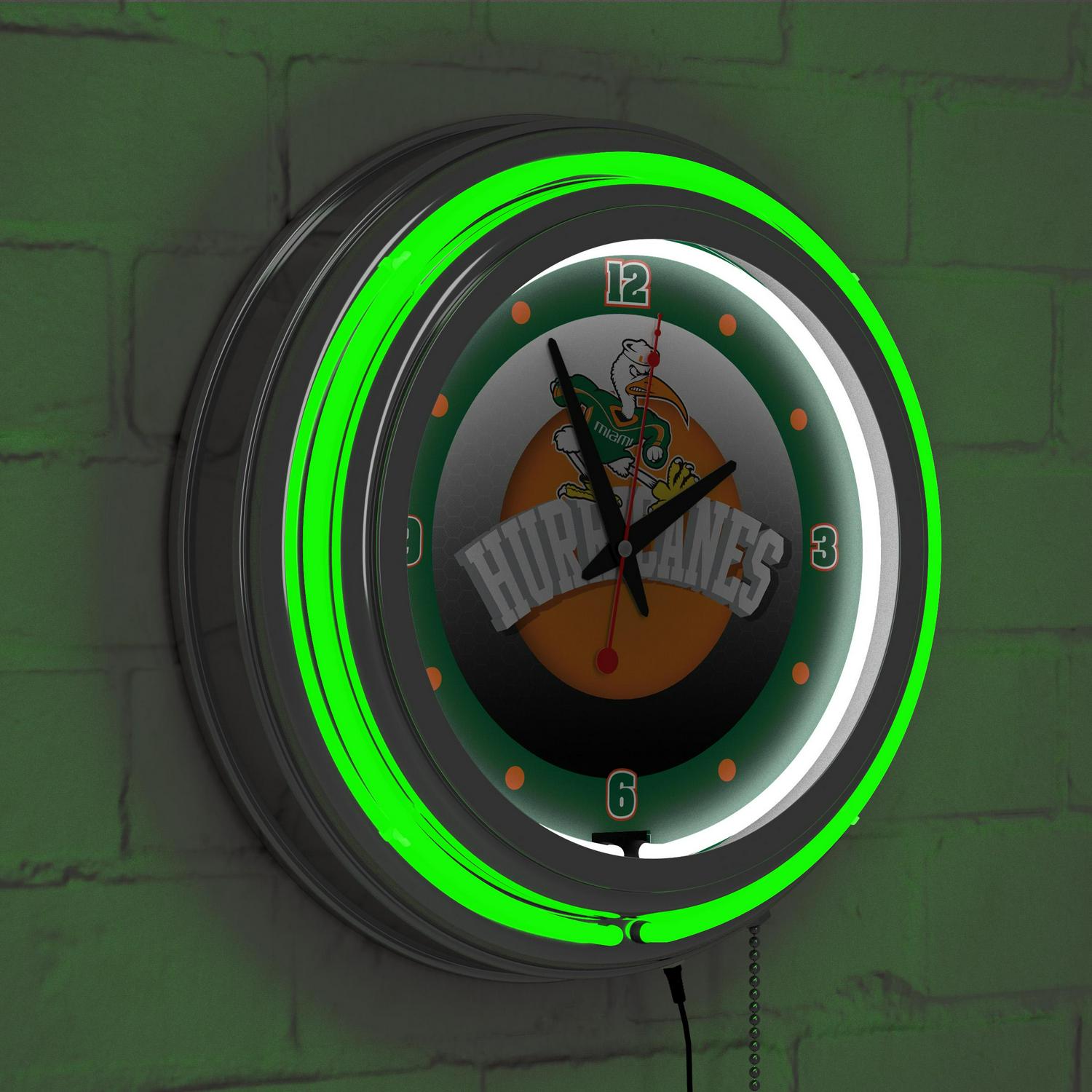 University of Miami Chrome Double Rung Neon Clock  Honeycomb