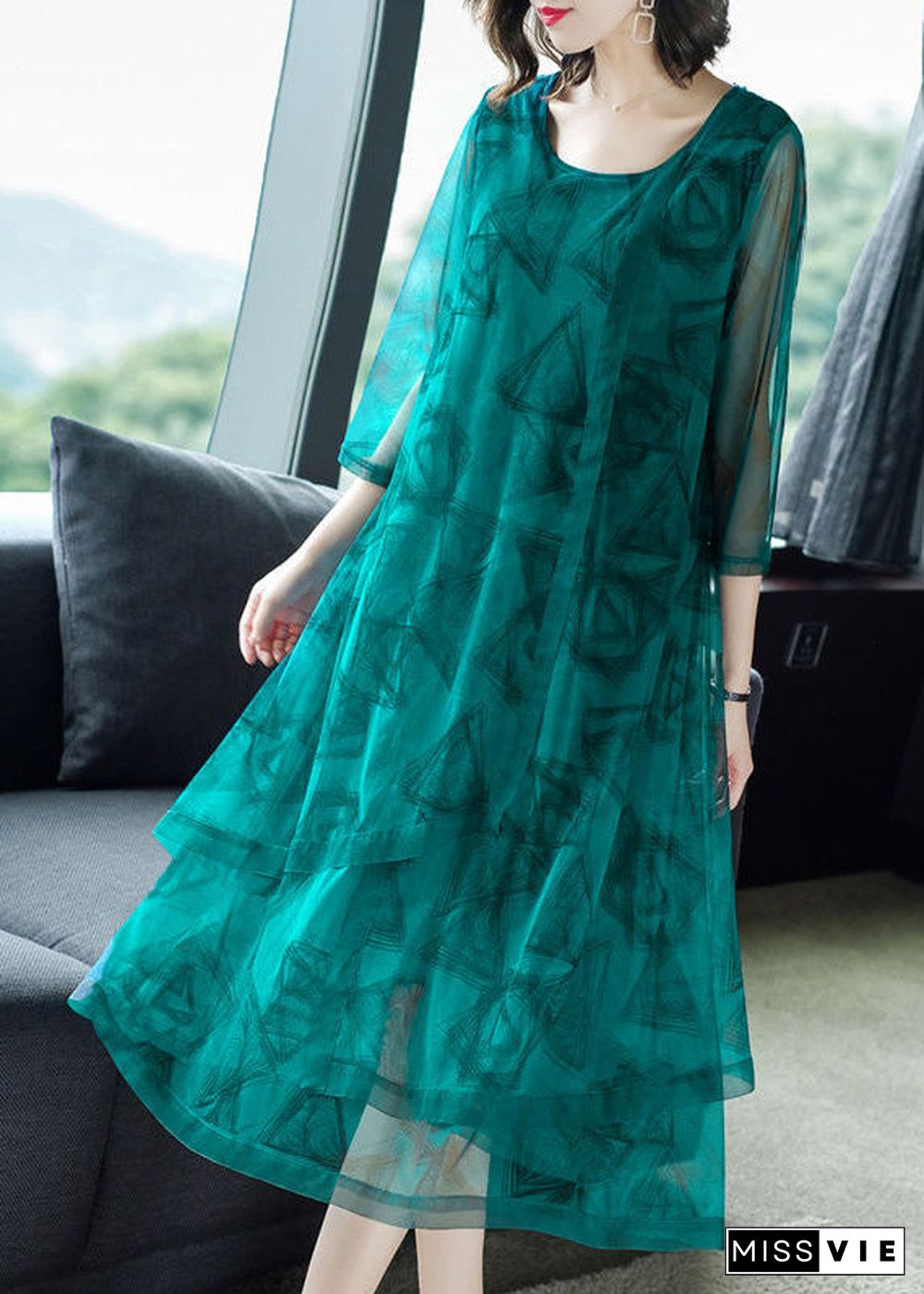 Fashion Green O-Neck Print Patchwork Tulle Maxi Dresses Summer