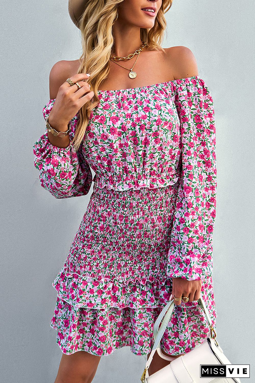 Off Shoulder Smocked Ruffle Floral Dress