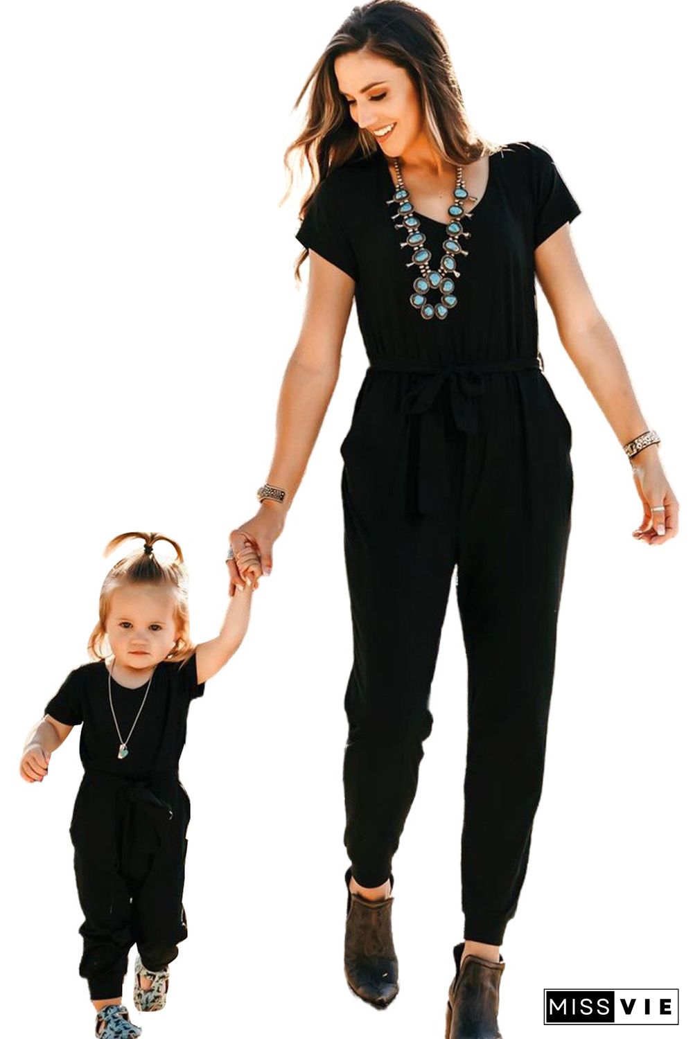 Black Short Sleeve Jogger Jumpsuit with Belt