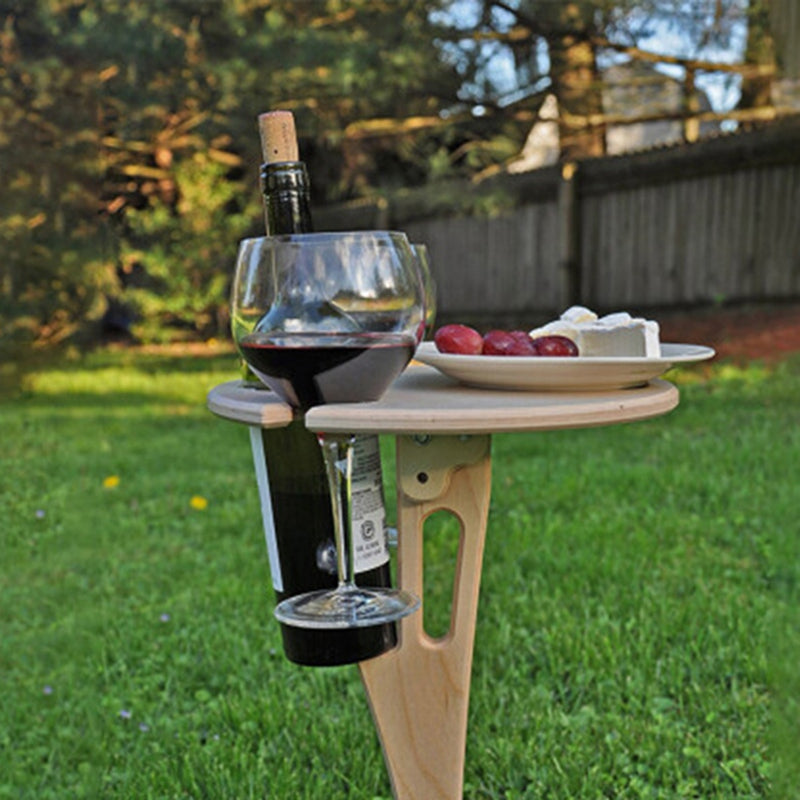 Outdoor Foldable Wine Table with Strong Base Round Desktop Mini Wooden Picnic Table Easy to Carry Wine Rack