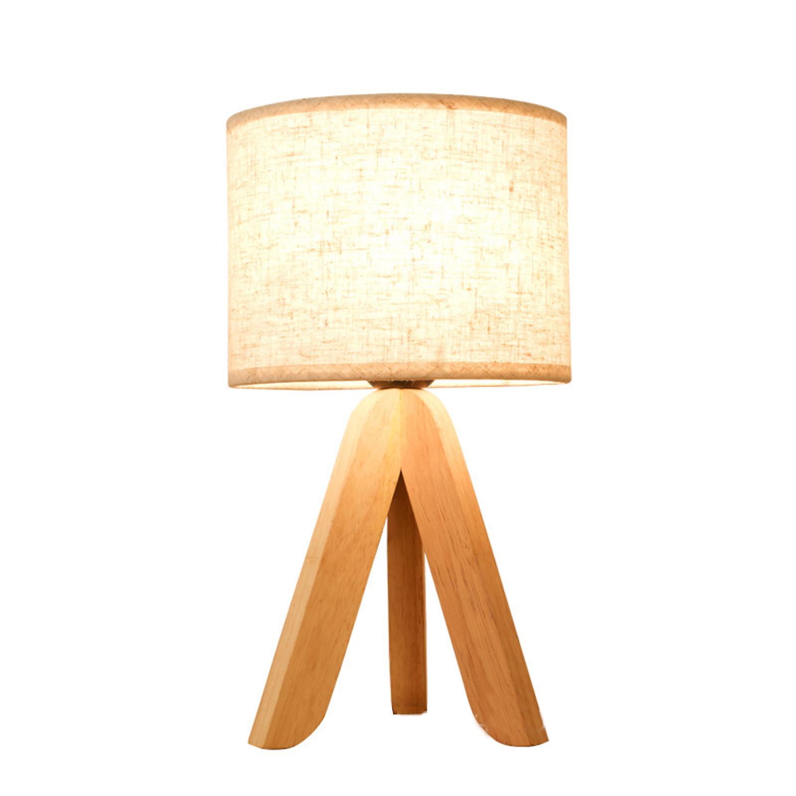 Led Wooden Bedside Lamp Tripod Table Lamp Vintage White Linen Lampshade For Bedroom Living Room E27 Socket(bulb Not Included) No.182565