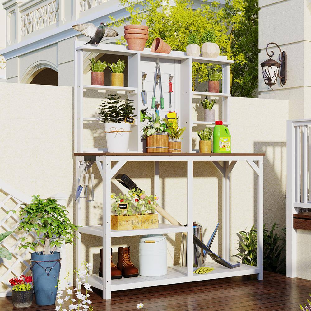 AUTMOON 47 in. x 19 in. x 64 in. Outdoor Wood Plant Stand with Shelves Kit for Mudroom Backyard W116290852