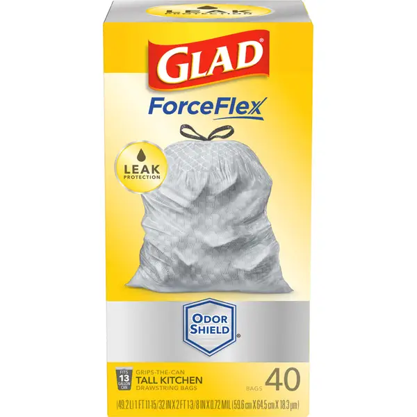 Glad 40-Count 13 Gallon Unscented Odor Shield ForceFlex Plus Drawstring Trash Bags