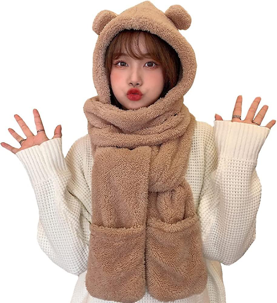 Winter Warm Plush Cute Animal Hats Hooded Scarf 2 In 1 Women Hat And Scarf Set Soft Ear Flap Cap Khaki -