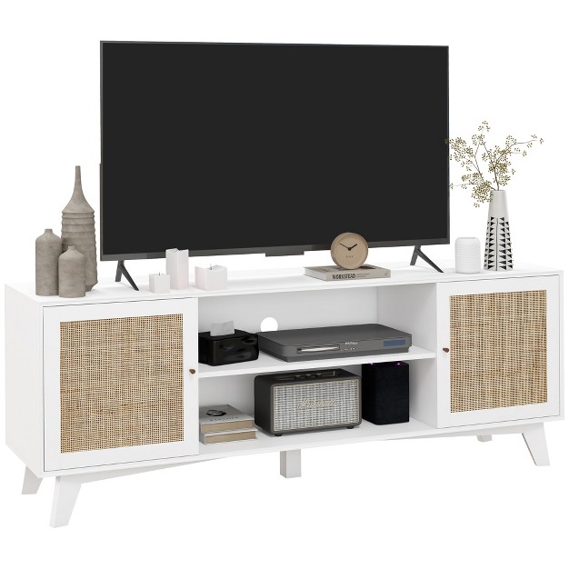 Homcom Tv Stand Cabinet For Tvs Up To 65 quot Boho Entertainment Center With Rattan Doors Adjustable Shelves And Cable Holes For Living Room White