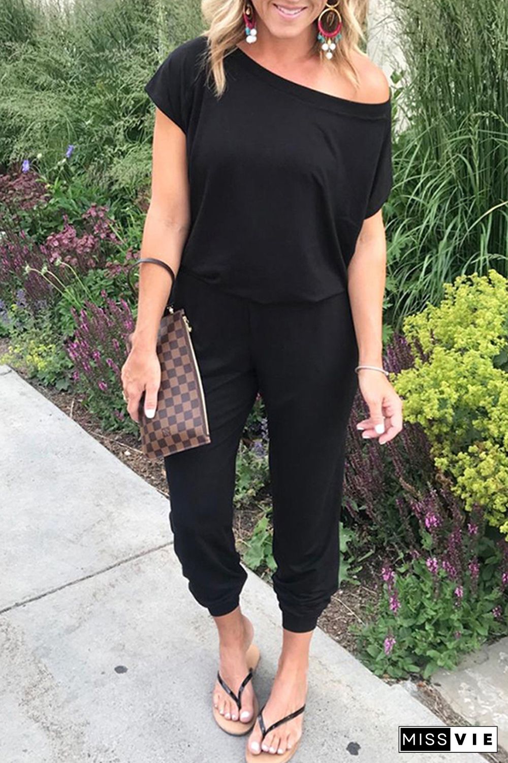 Black Sloping Shoulder Short Sleeve Jumpsuit