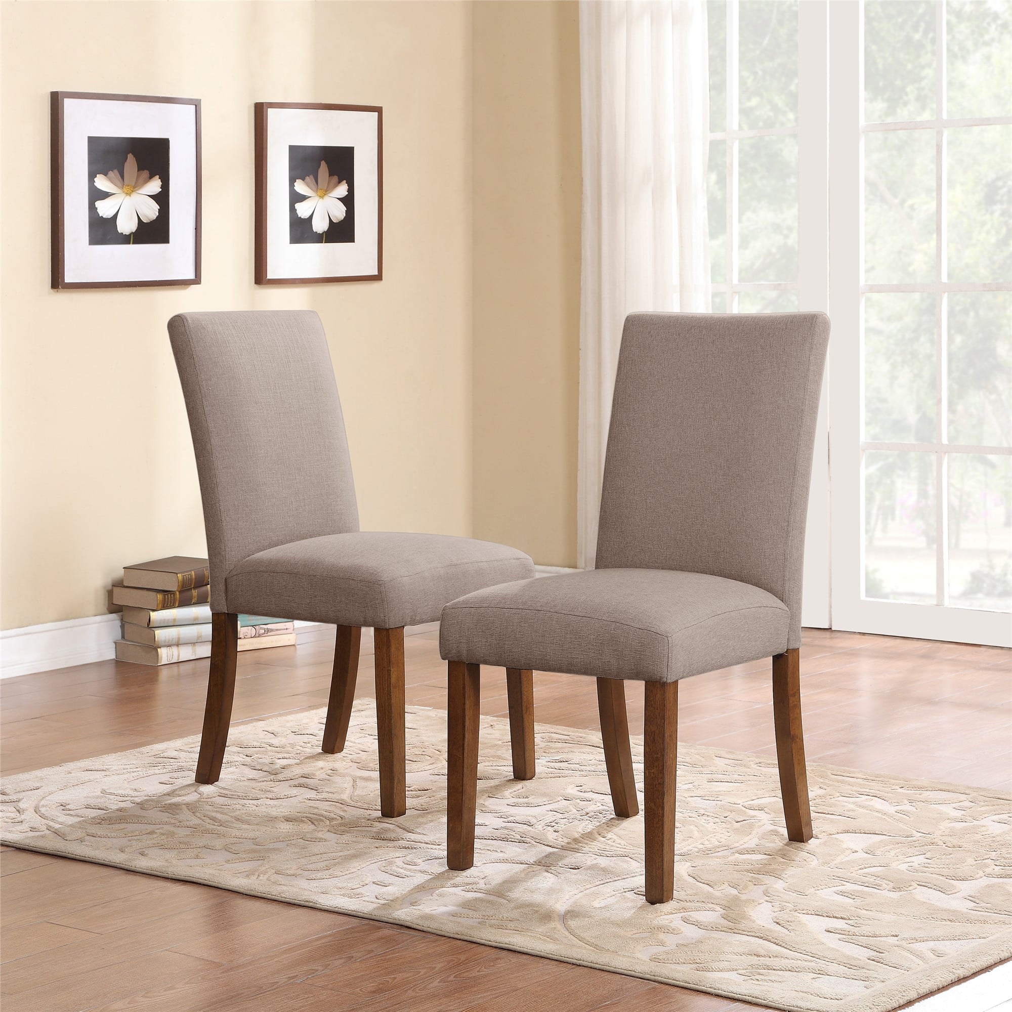 DHP Linen Upholstered Parsons Chairs, Set of 2, Taupe/Pine