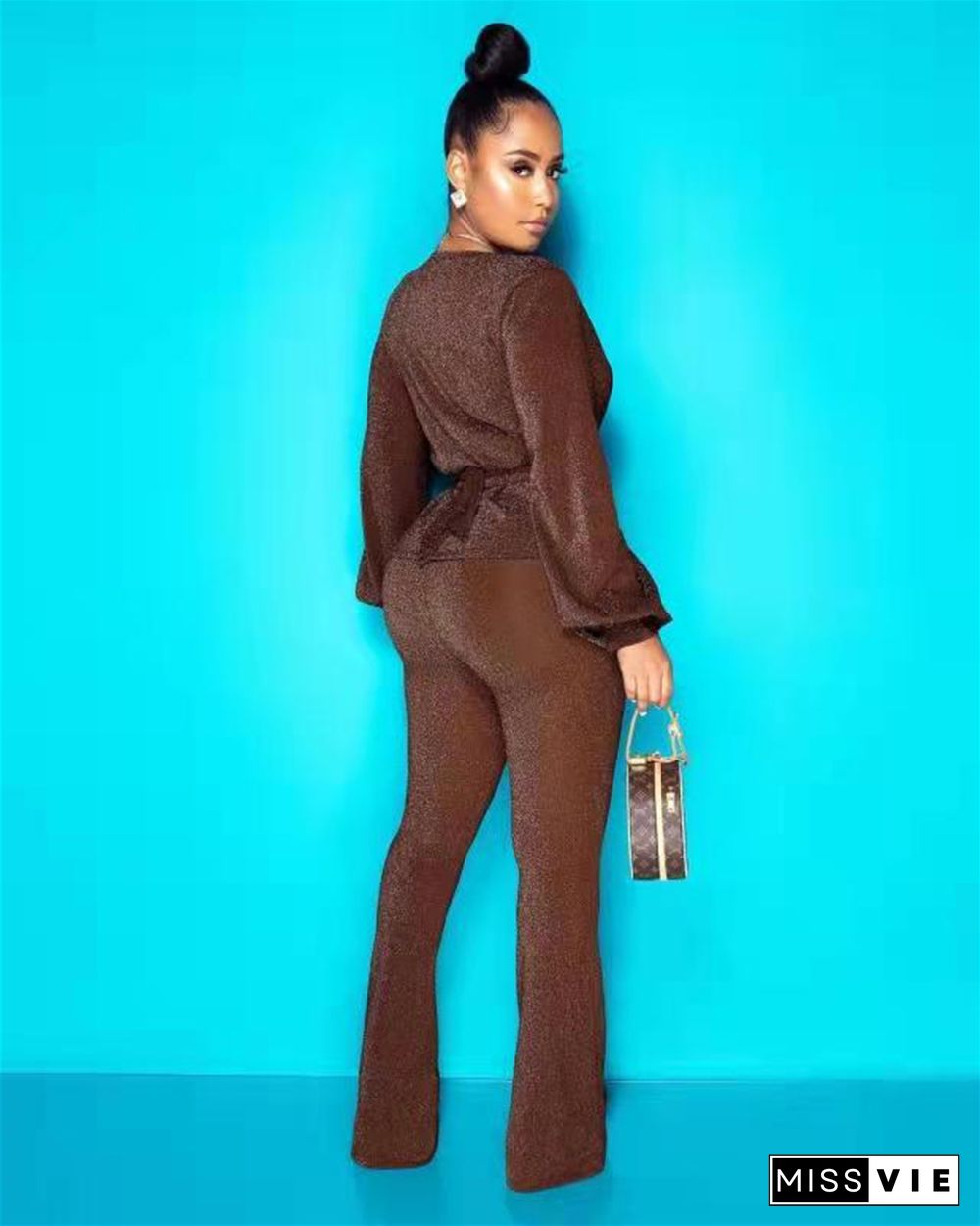 Shiny Plunge V Neck Long Sleeve Crop Top Pants Suits