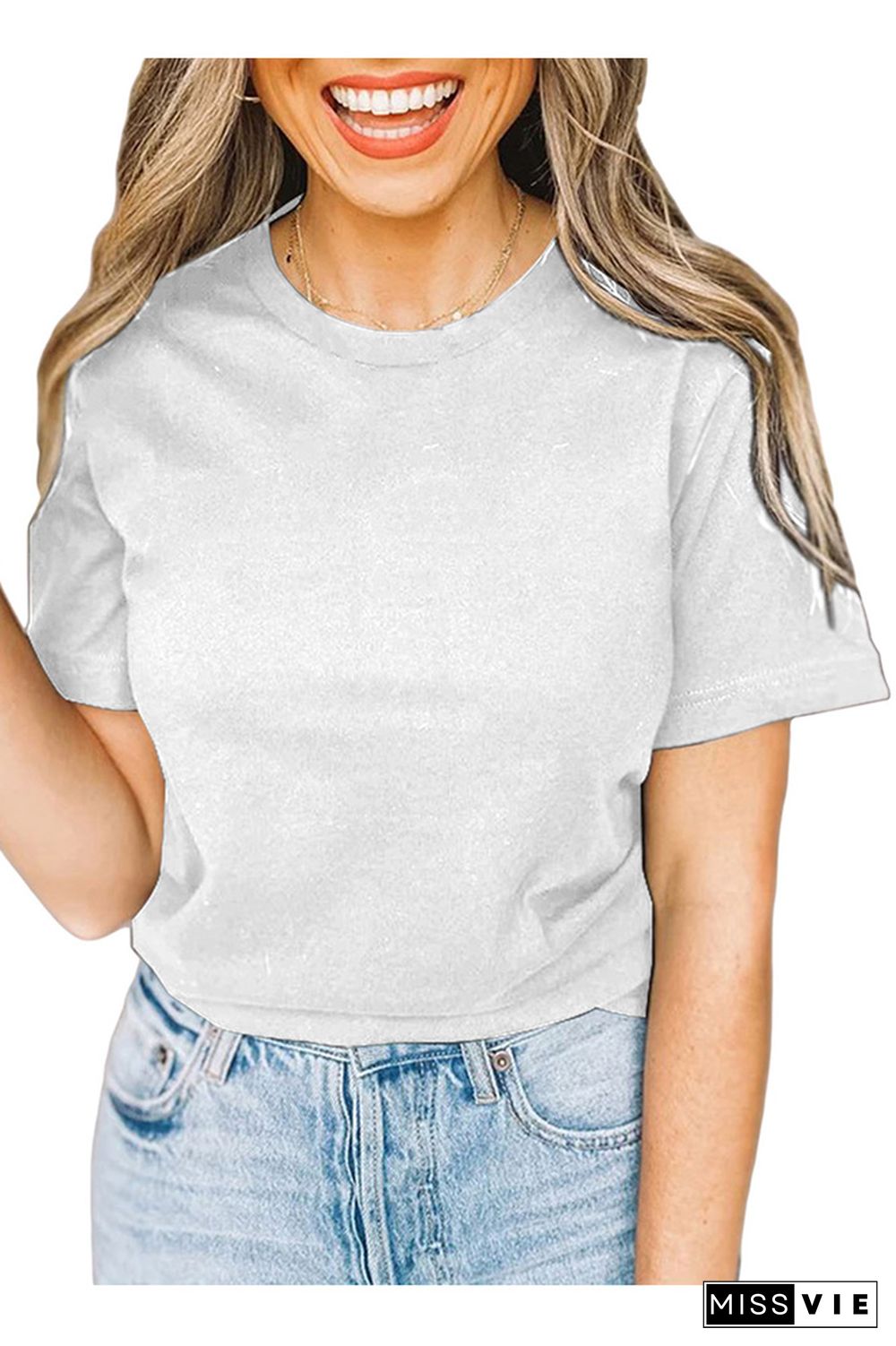 White Solid Color Crew Neck Short Sleeve Tee