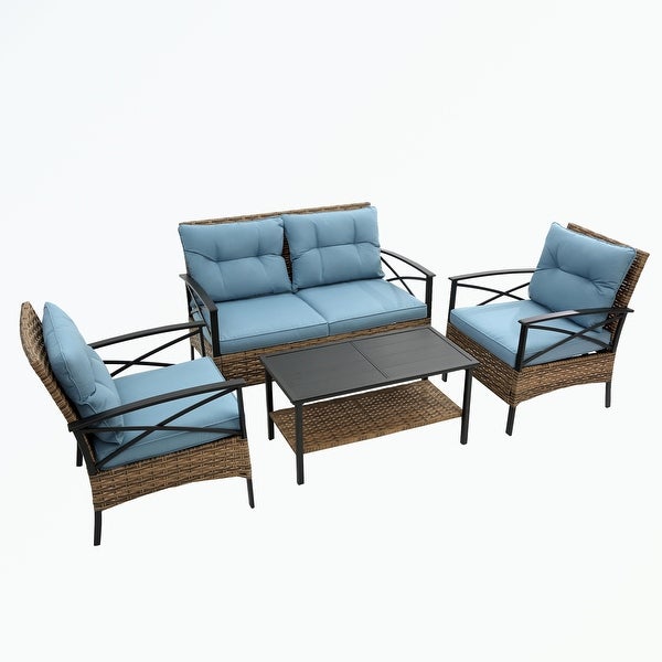 4 piece sectional rattan wicker corner sofa set with cushion - Overstock - 37505285