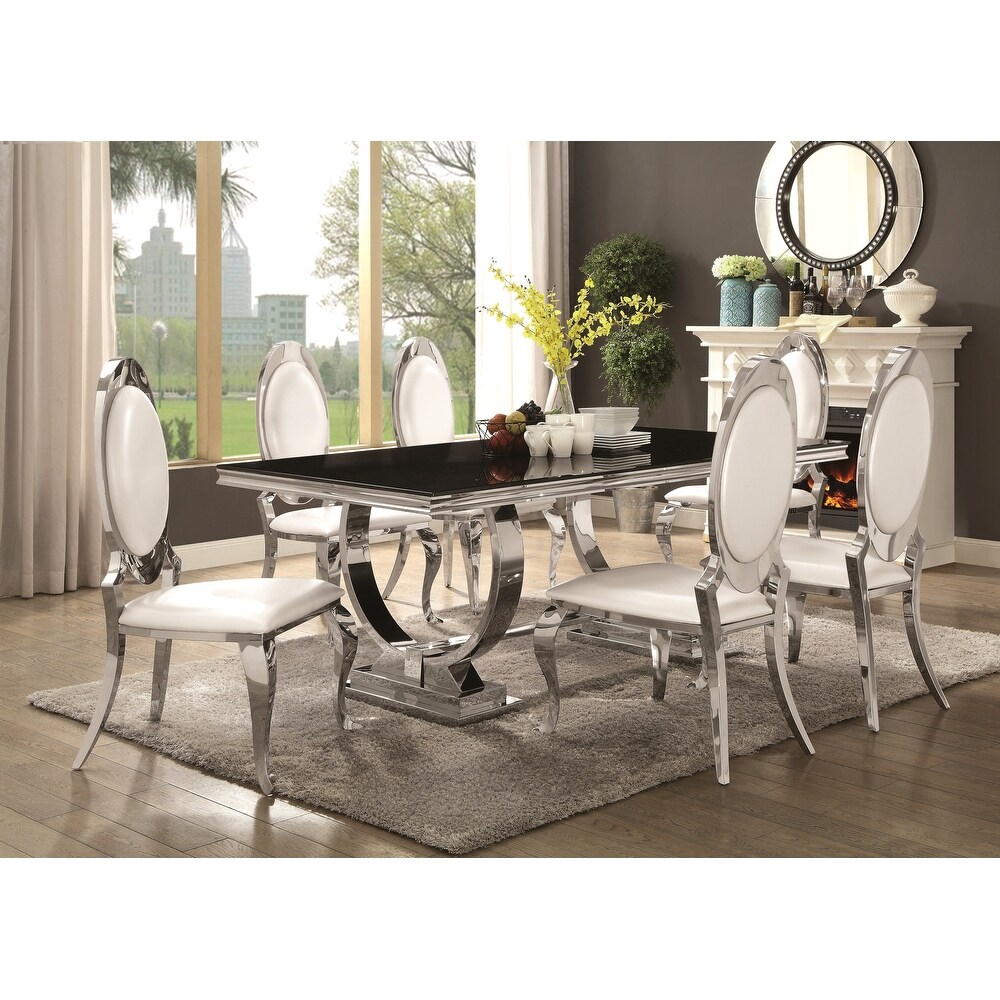 Luxurious Modern Design Stainless Steel Dining Set with Black Glass Table Top