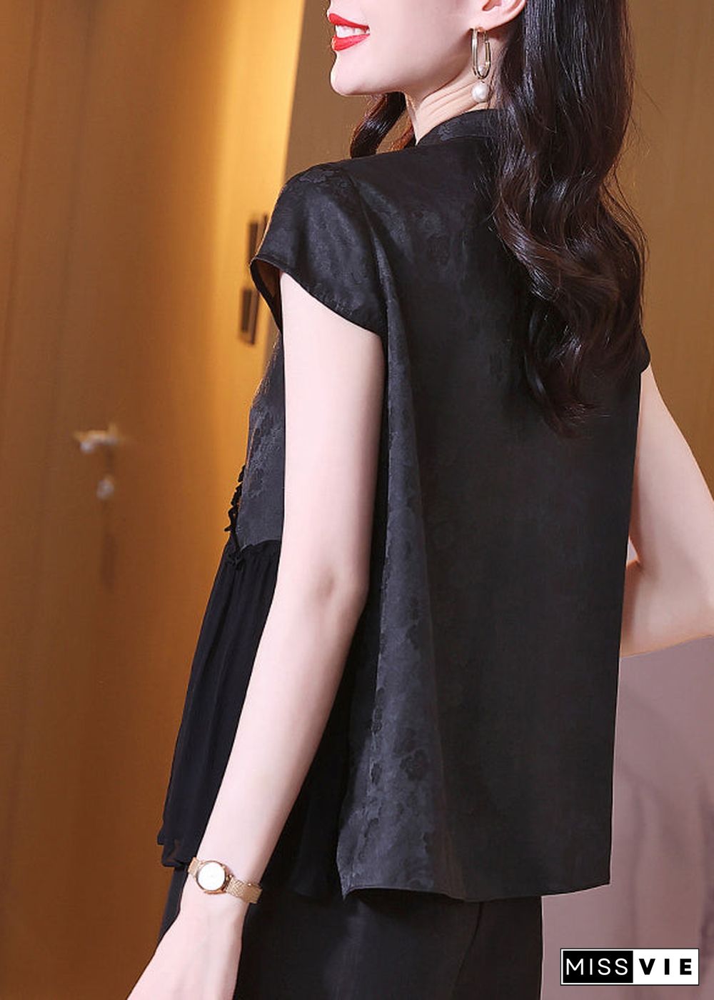 Fine Black Stand Collar Tasseled Patchwork Silk Shirt Tops Summer