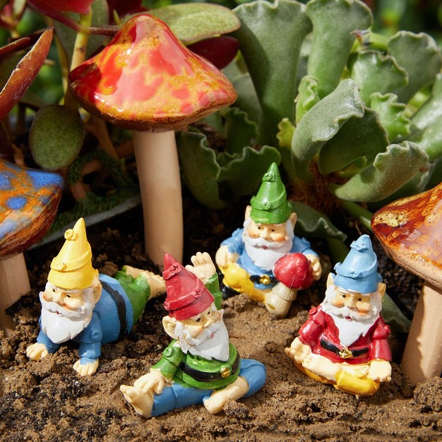 Juvale 4 Pieces Mini Garden Gnomes Outdoor Fairy Miniature Statue Accessories Set Decorations In Funny Poses Yard Ornaments For Yoga Gifts Planter