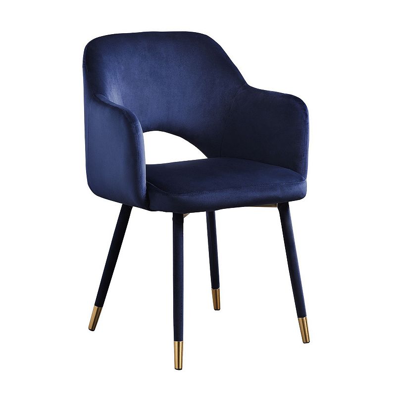 Velvet Padded Accent Chair with Open Back and Angled Legs， Blue and Gold