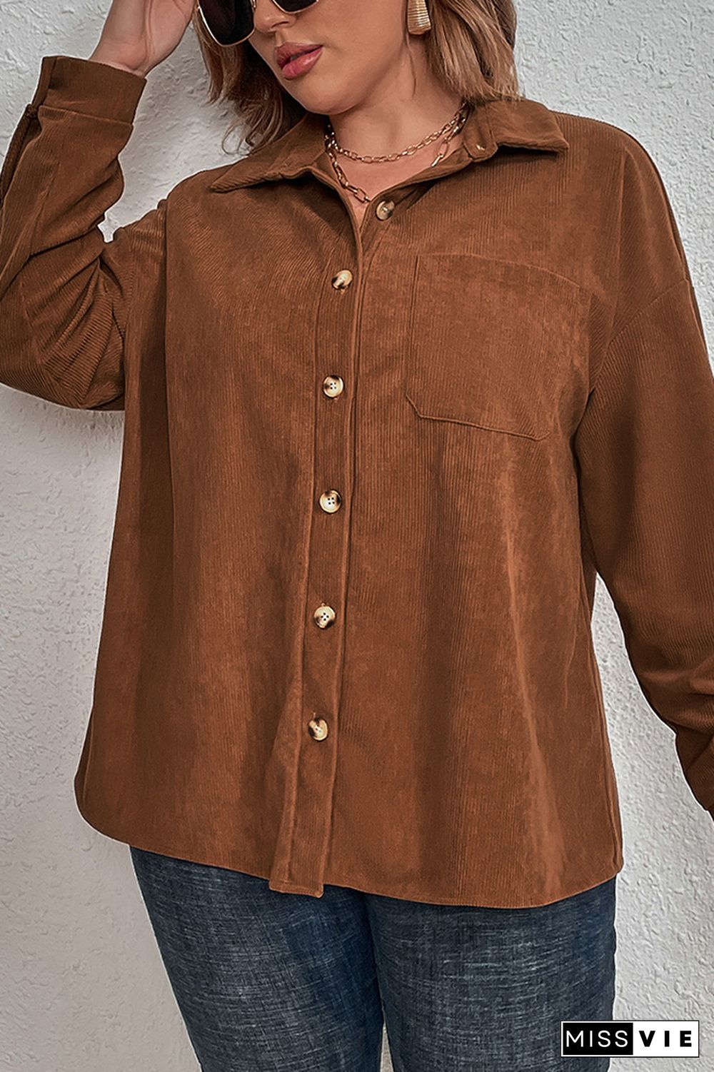 Brown Corduroy Open Button Plus Size Shirt