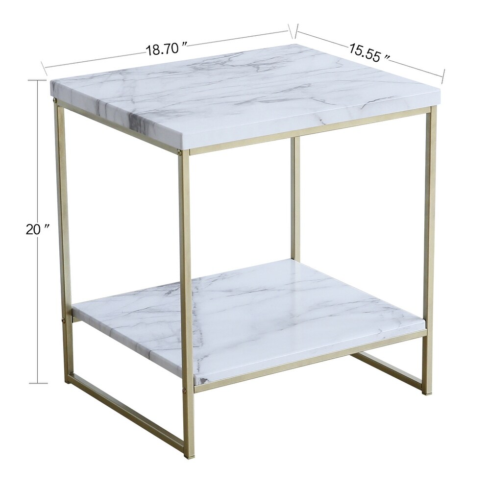 Roomfitters 2 Tier White Faux Marble Print End Table for Living Room