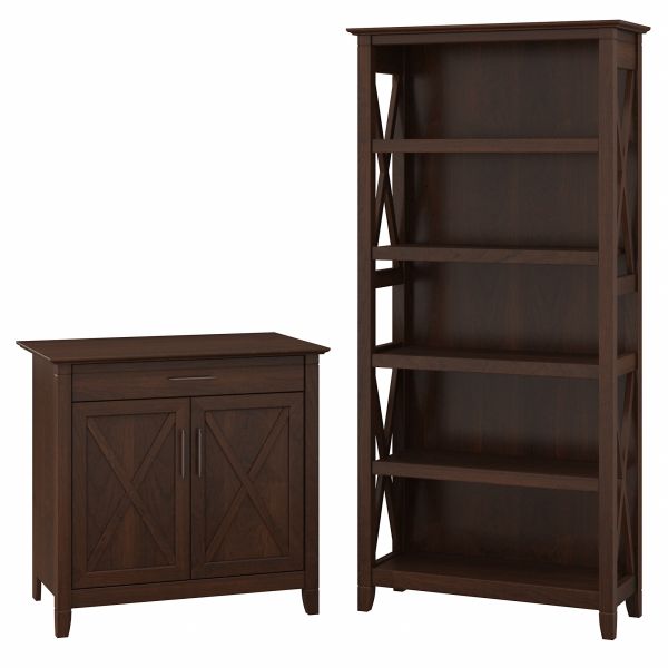 Bush Furniture Key West Secretary Desk with Storage and 5 Shelf Bookcase in Bing Cherry