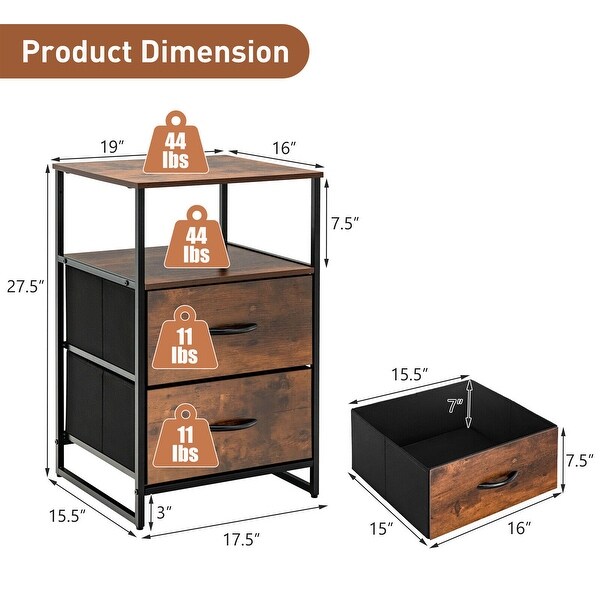 2-Drawer Dresser Storage Cabinet Organizer Unit Steel Frame， Brown - - 36053073