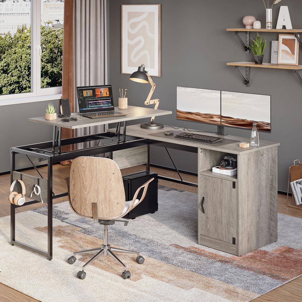 Bestier 60 in. Wash Grey Reversible L-Shaped Computer Desk With Lift-Top and Cabinet H100824B-GRYW