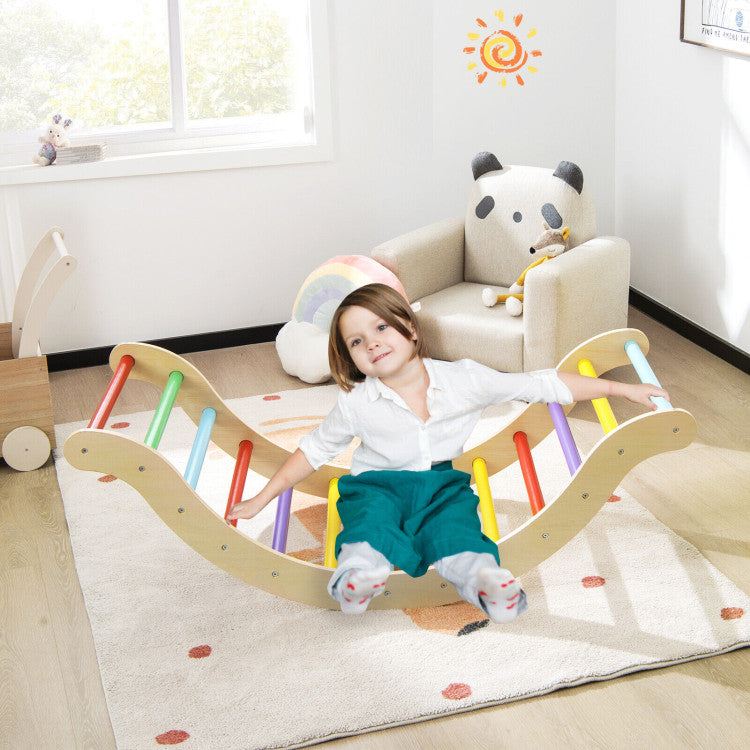 3-in-1 Kids Montessori Wooden Arch Climber Ladder Set Toddlers Climbing Toys Triangle Rocker Playset with Ramp and Mat