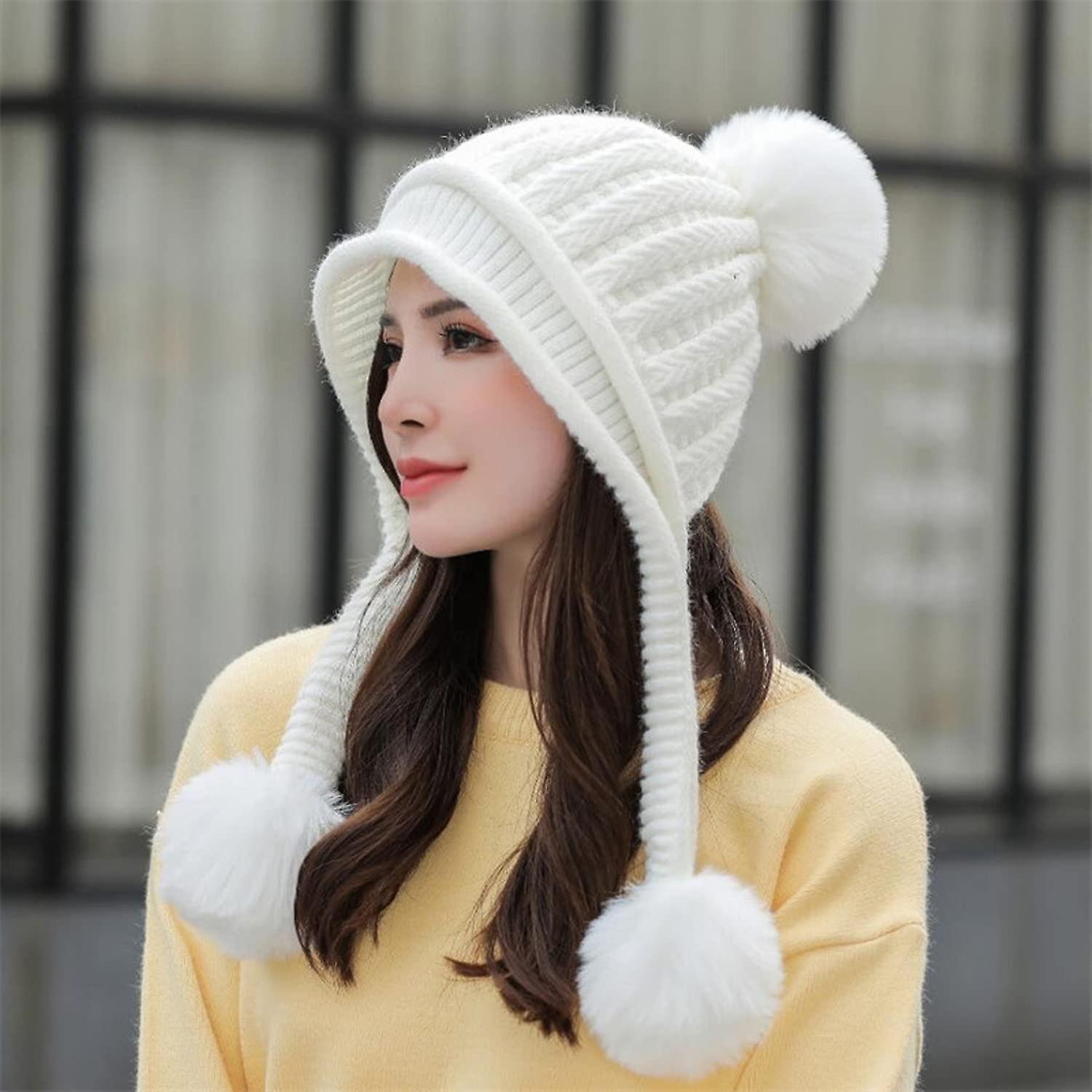 Women Winter Beanie Hat Peruvian Circle Scarf Set Ski Ear Flaps Caps Dual Layered Fleece Lined Pompoms E1925-baise -