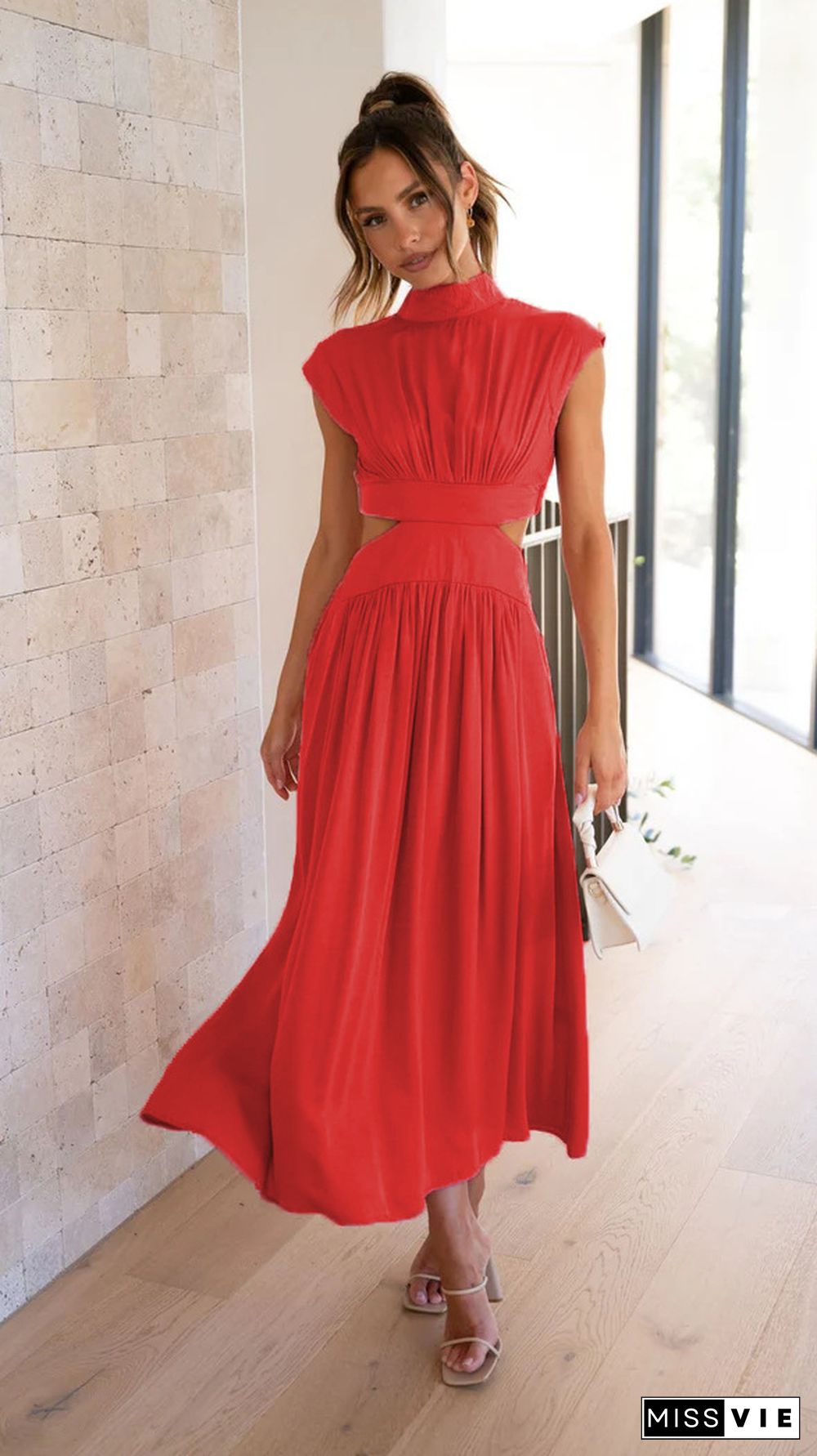 Fashion Stand Collar Macaron Color Open Waist Long Dress