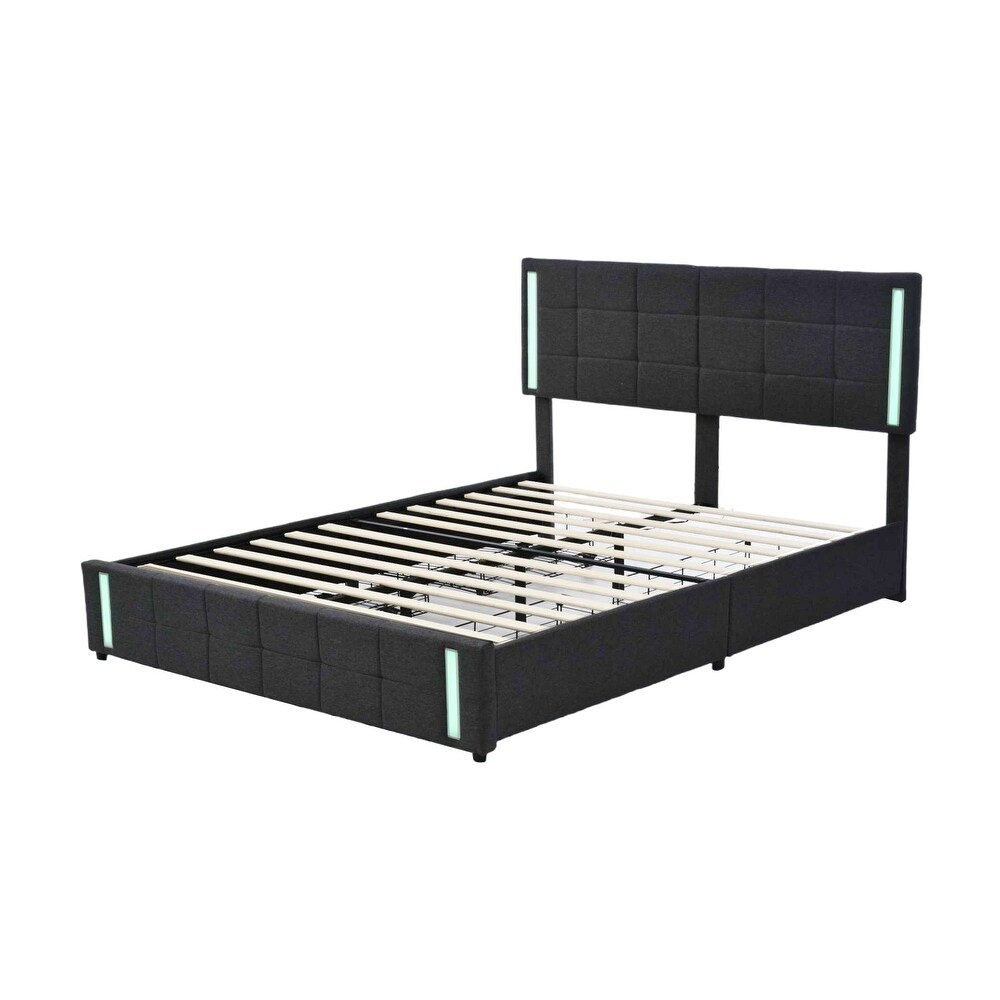 Queen Size Upholstered Platform LED Bed Frame