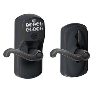 Schlage Plymouth Aged Bronze Electronic Keypad Door Lock with Flair Handle and Flex Lock FE595 PLY 716 FLA