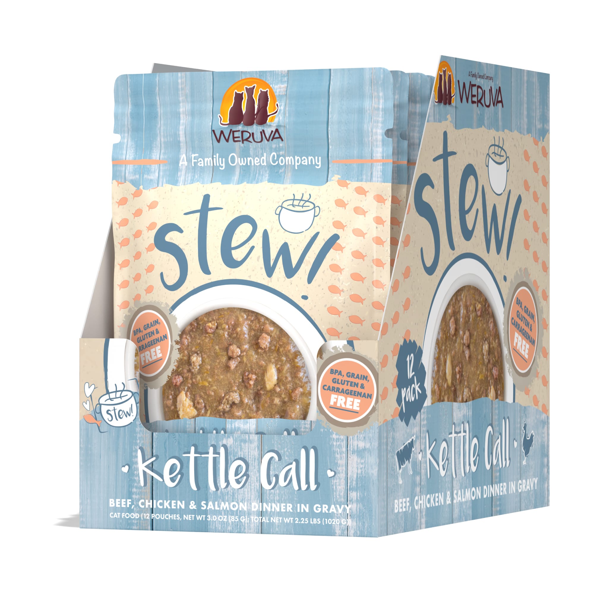 Weruva Stew! Kettle Call Beef， Chicken and Salmon Dinner in Gravy Wet Cat Food， 3 oz.， Case of 12