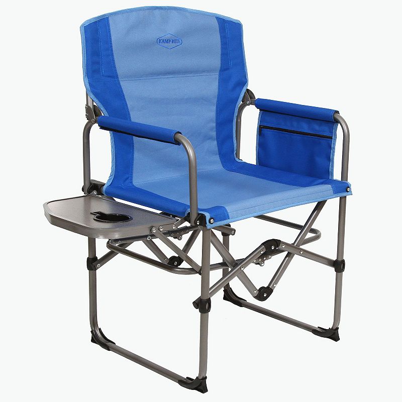 Kamp-rite Portable Director's Camp Chair W/cup Holder， Side Table and Pocket， Blue