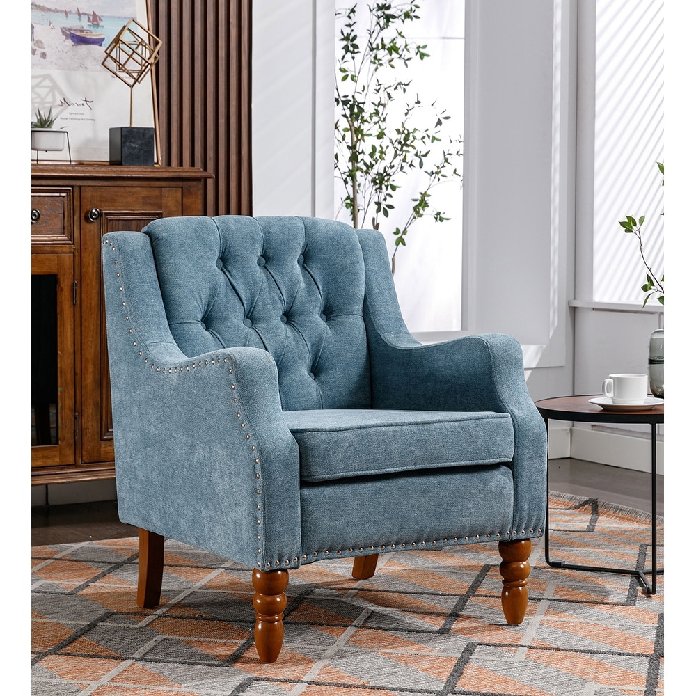 Modern Accent Chair Armchair Blue Tufted Armchair with Vintage Brass Studs Upholstered Chair for Living Room