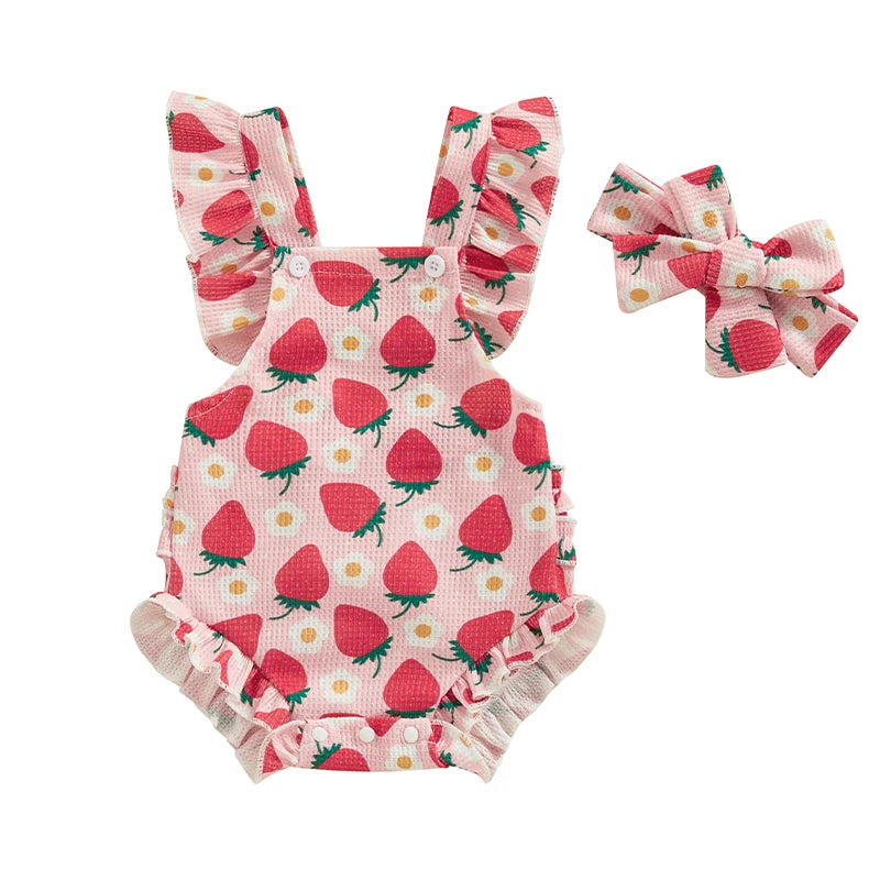 Baby Girls Romper and Headband Strawberry/Flower/Cherry Print Fly Sleeve Frills Newborn Infant Jumpsuit Summer Clothing