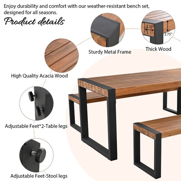 3Piece Acacia Outdoor Picnic Table Set With 2 Benches，With Acacia Wood Top and Steel Frame