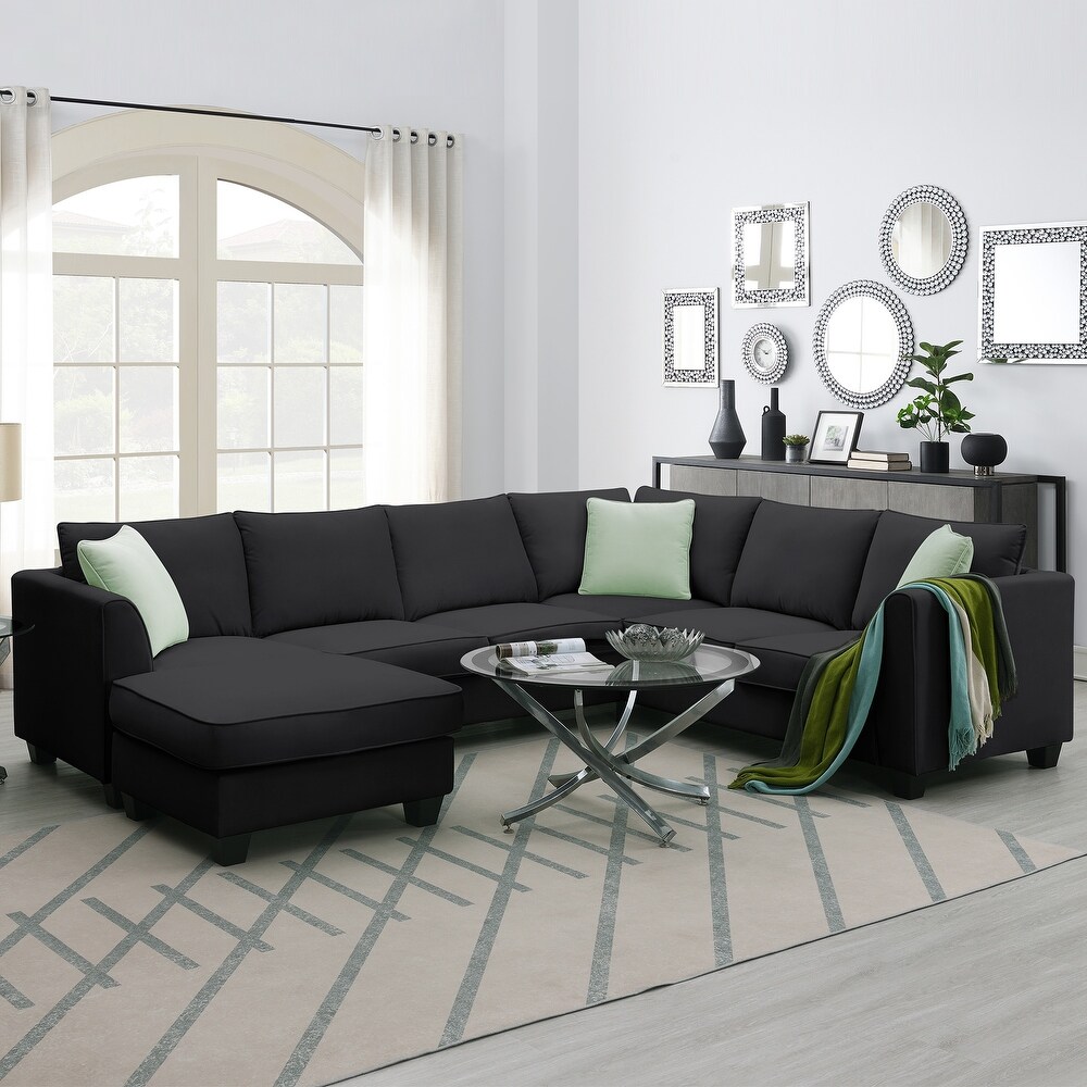 112 inch Sectional Sleeper Sofa Living Room Sets with 7 High Quality Seats and 3 Pillows  L Shape Fabric Cushions Couches