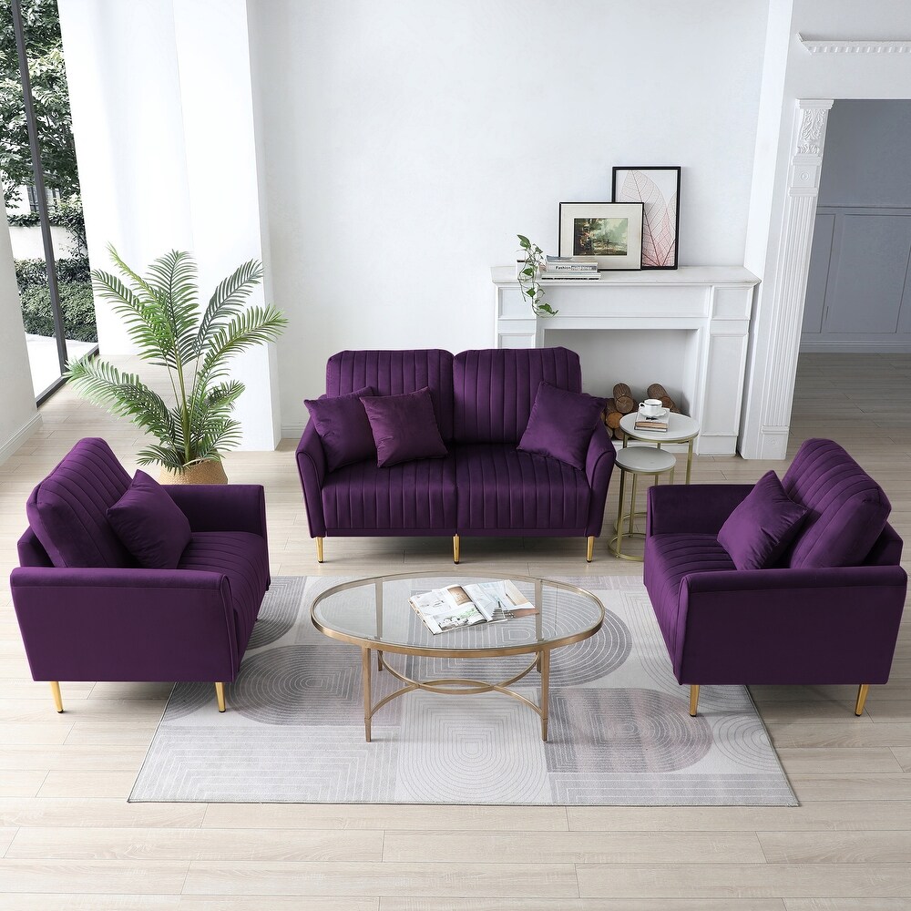 Purple Luxurious Velvet Sofa Set with Tufted Cushions (Loveseat + 2 Armchair + 4 Pillows)