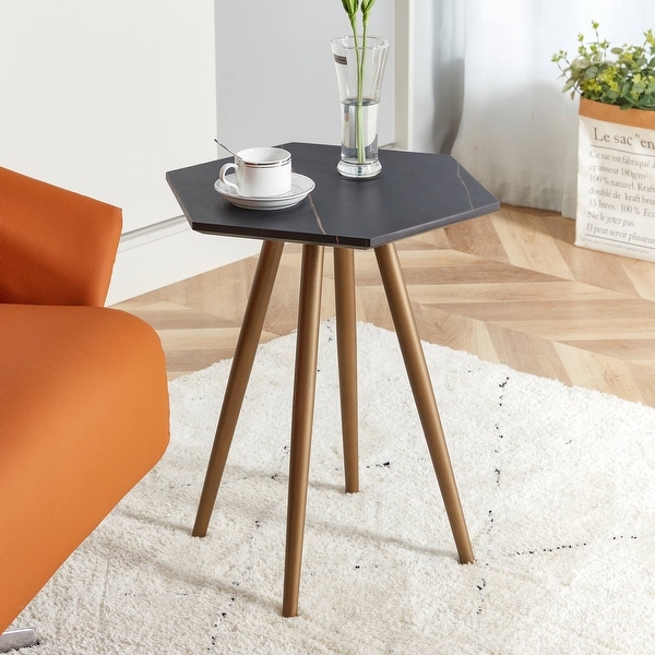 Modern Black Faux Marble End Table， Hexagon Side Table， Small Accent Coffee Table with Metal Legs