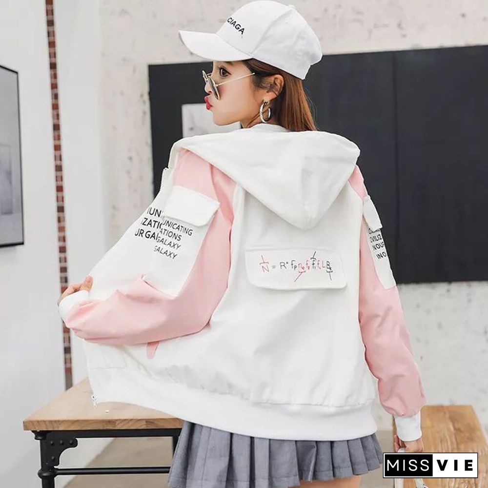 Autumn Jacket Hooded Women Causal Loose Lady Windbreaker Basic Coats Letter Outwears Lightweight Korean Fashion Overwear