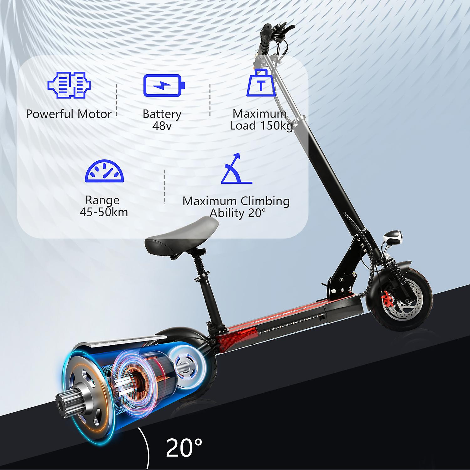 Acecinio Electric Scooter For Adults， Folding E-scooter With Seat， 800w Powerful Motor Up To 50km/h， Maximum Load 150kg， 10 Pneumatic Tires， 50km Crui