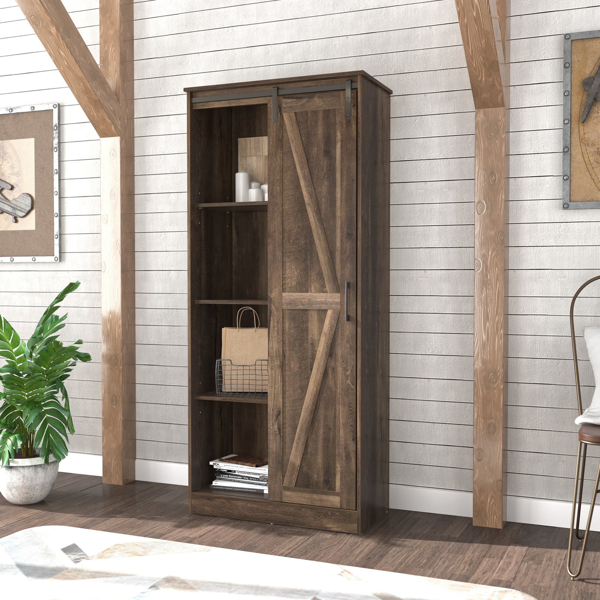 Woven Paths Shelton Wood Kitchen Pantry with 1 Sliding Barn Door， Dusty Oak