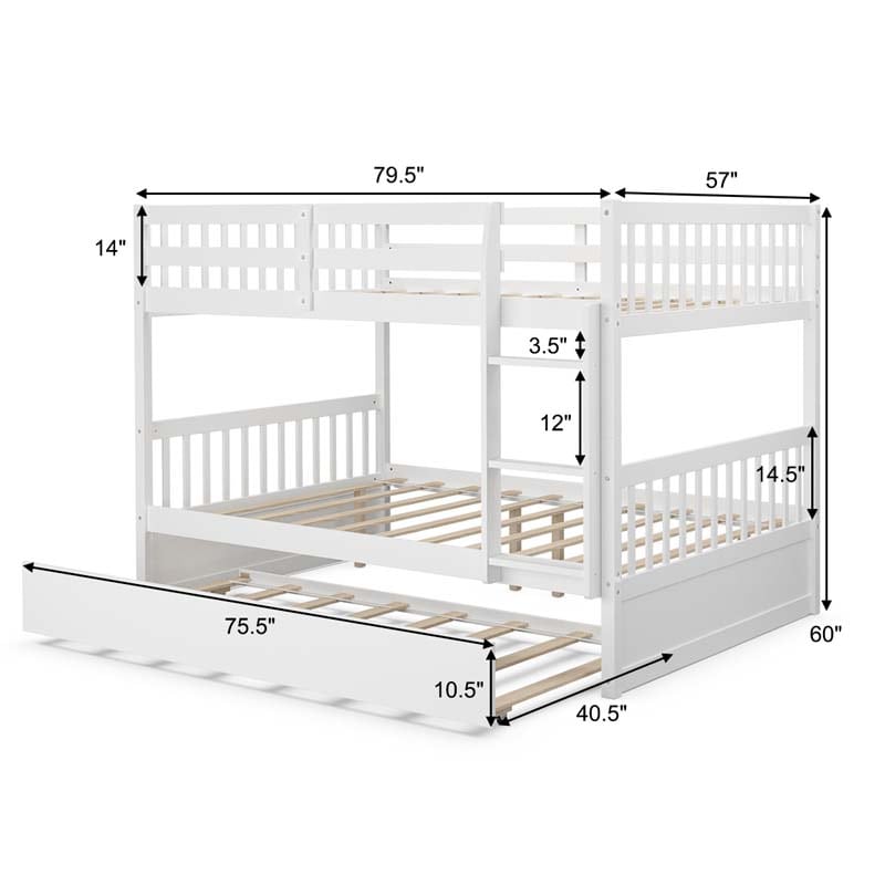 Solid Wood Full Over Full Bunk Bed Frame with Trundle, Safety Ladder & Guardrails, Convertible Bunk Bed for Kids Teens