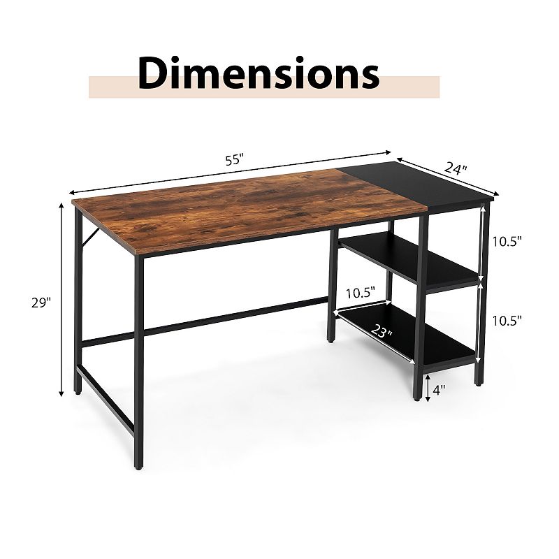 55 Modern Industrial Style Study Writing Desk With 2 Storage Shelves