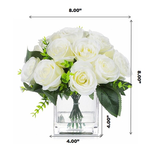 Enova Home Artificial 18 Heads Silk Roses Fake Flowers Arrangement in Clear Glass Vase with Faux Water for Home Office Decor