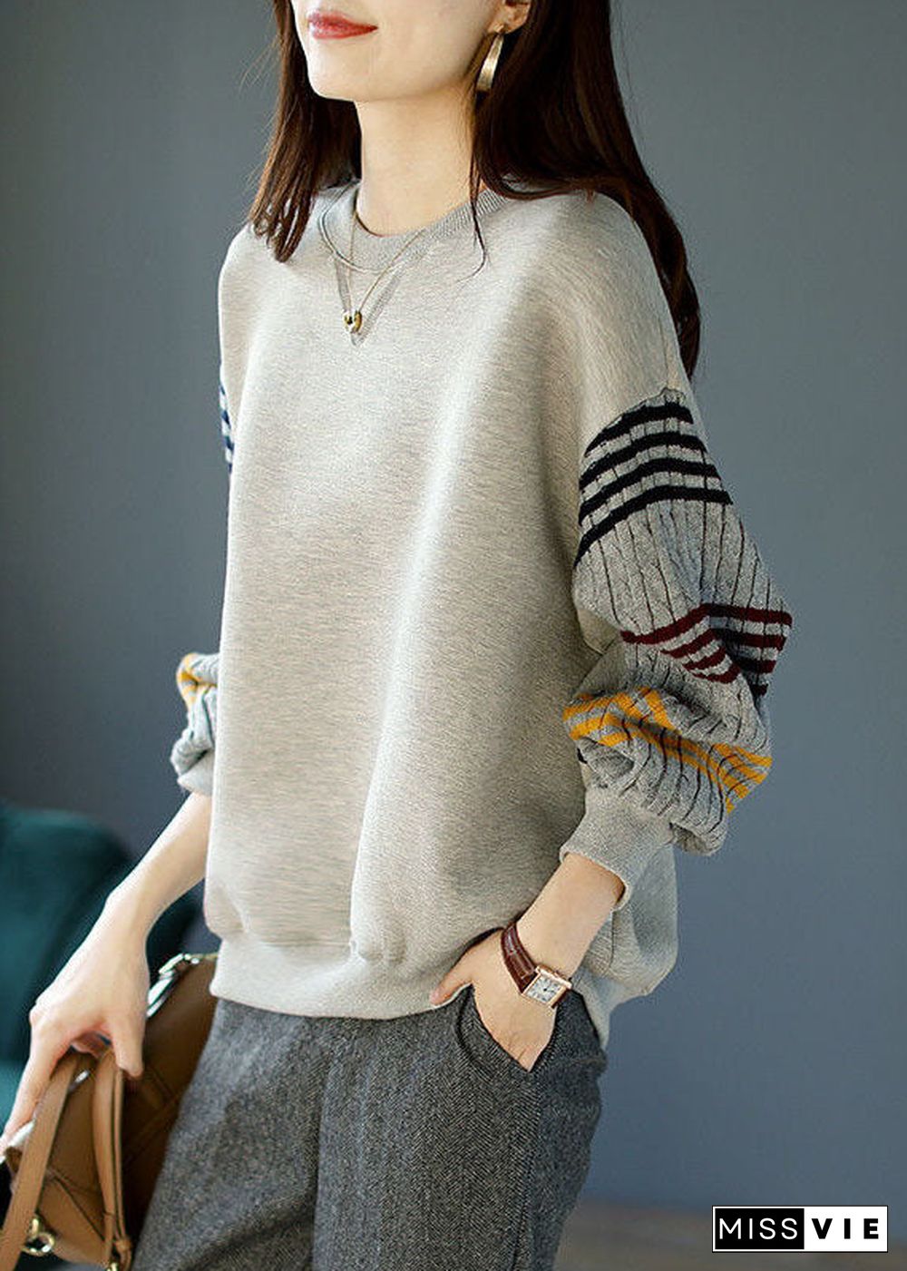 Lazy Grey O-Neck Striped Knit Patchwork Cotton Sweatshirt Long Sleeve