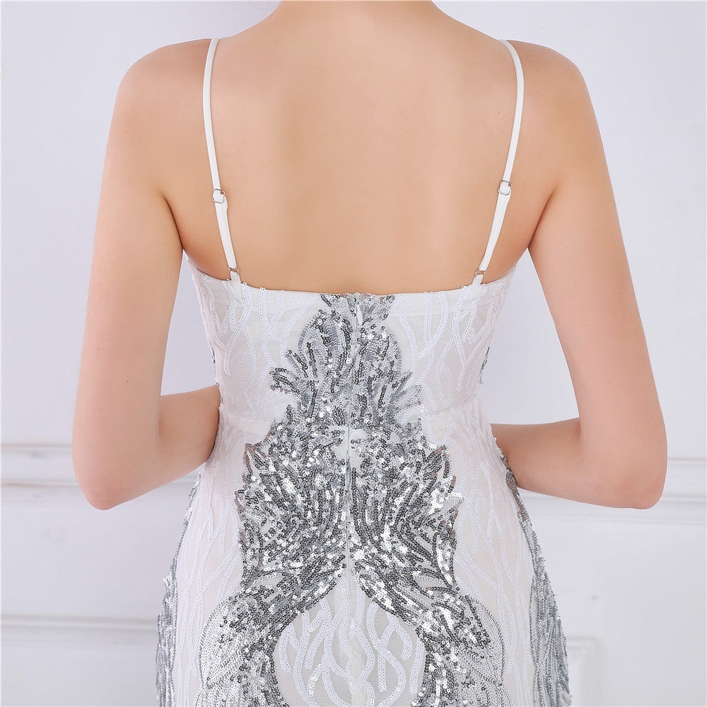 Wings Pattern Sequin Mesh Strappy Gown