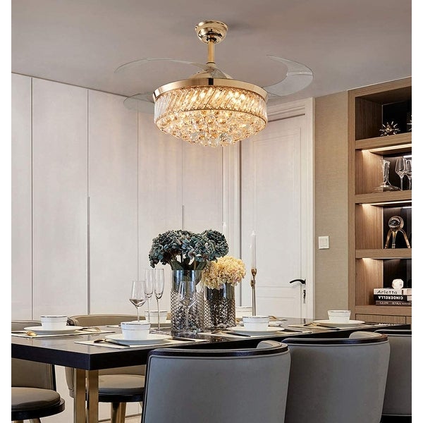 Crystal Ceiling Fan with Light Remote Control Chandelier Retractable Fandelier， Luxury 3 Color Lighting for Dining Room Shopping - The Best Deals on Ceiling Fans | 41540798