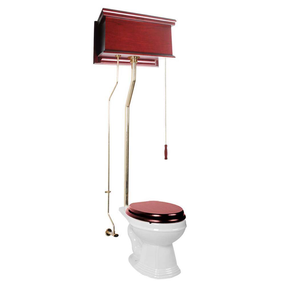 RENOVATORS SUPPLY MANUFACTURING Birmingham High Tank Toilet Single Flush Elongated Bowl in White with Cherry Flat Tank  Brass Rear Entry Pipes 16017